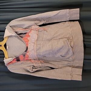 Free People V-Neck Hoodie, Grey w/Pink-Toned Embroidery & Patchwork